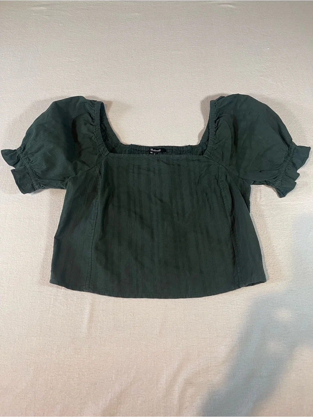 Madewell Dark Green Square Neck Puff Sleeve Crop Blouse